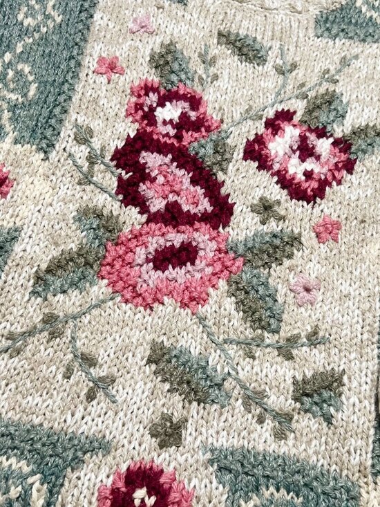 Vintage Shenanigans Sweater Womens Size S Floral Hand Knit Cozy Grandma - Picture 2 of 4